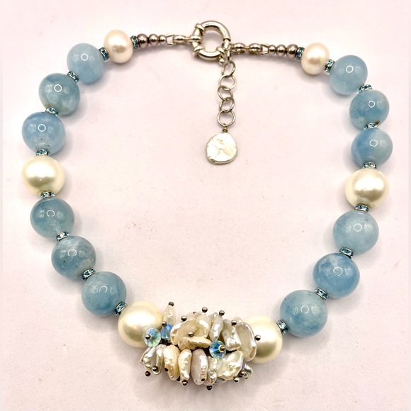 Gorgeous Aquamarine Beaded Necklace Fresh Water Pearls Crystal Spacers 925 - Picture 8 of 11